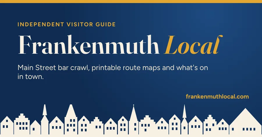 The Frankenmuth Local visitor guide's title card over a drawn Main Street skyline