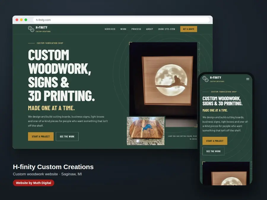 The H-finity Custom Creations website on a laptop and a phone