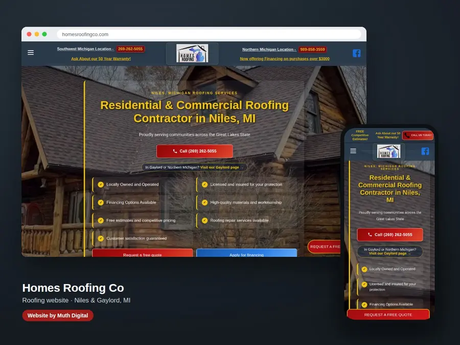 The Homes Roofing Co website on a laptop and a phone